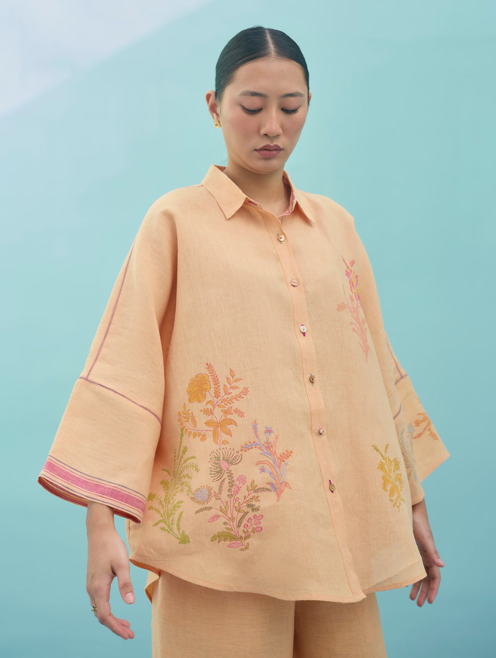 Iva Block Printed Floral Embroidered Shirt - Apricot
