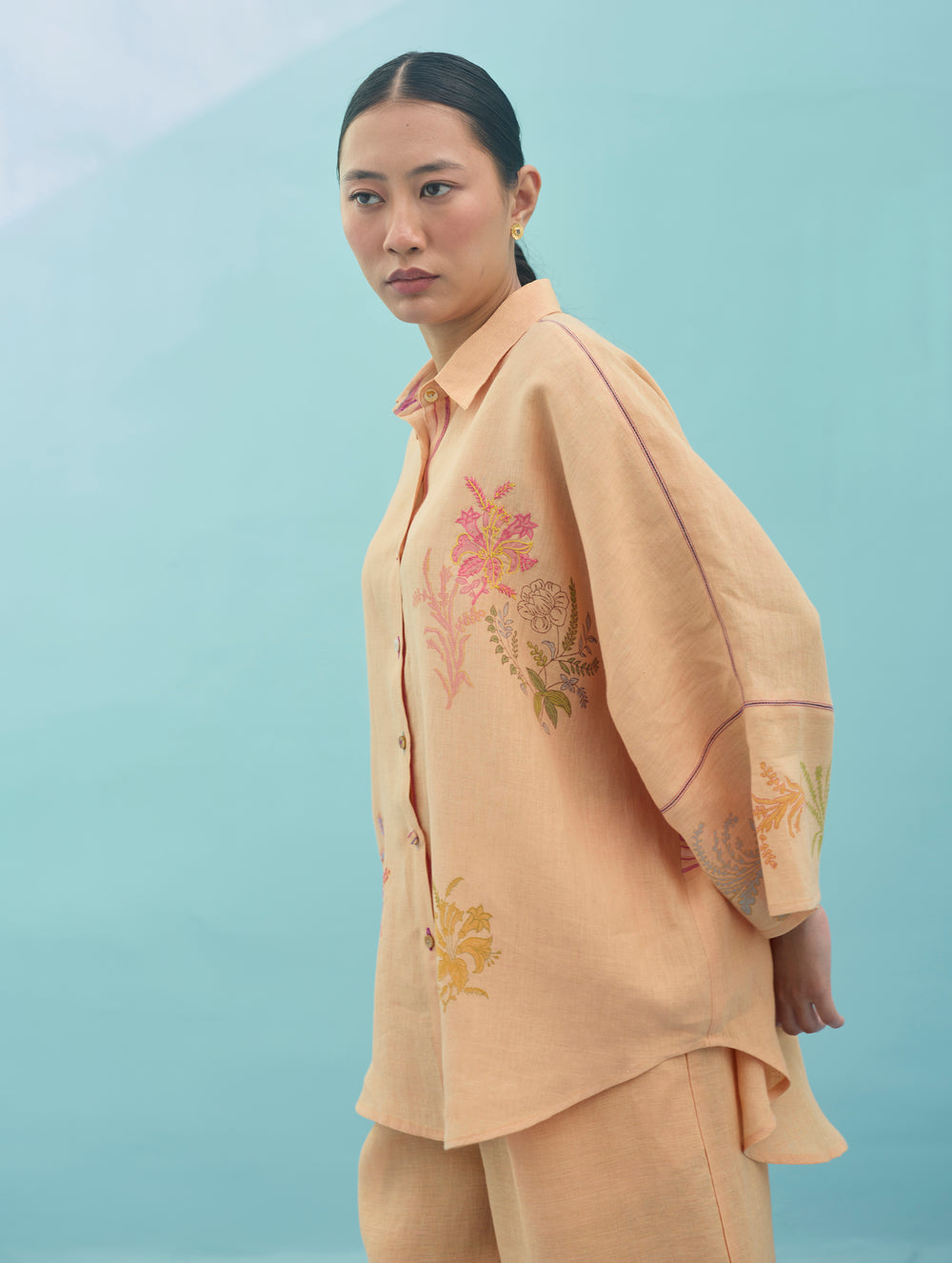 Iva Block Printed Floral Embroidered Shirt - Apricot