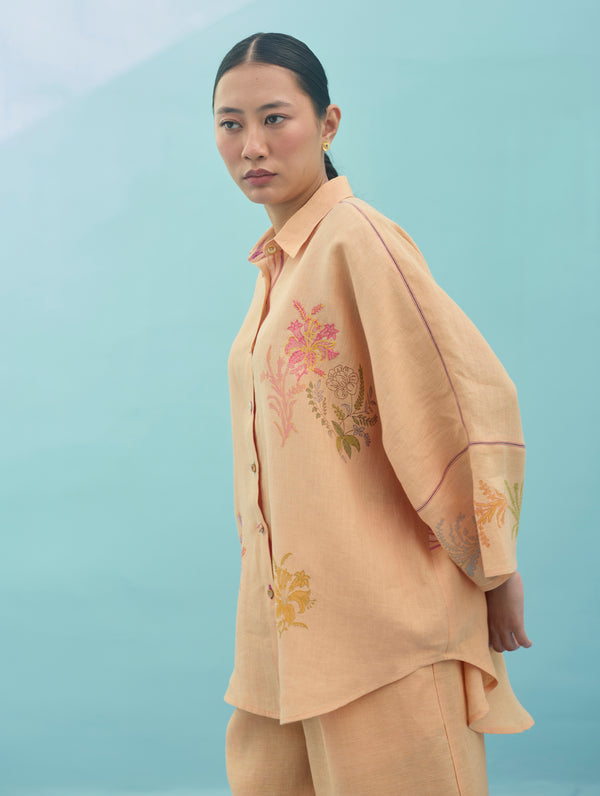 Iva Block Printed Floral Embroidered Shirt - Apricot