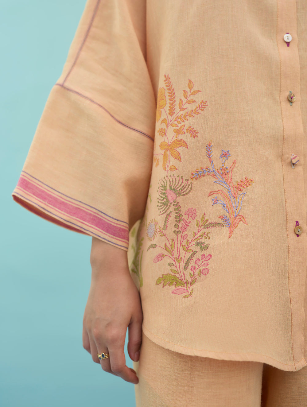 Iva Block Printed Floral Embroidered Shirt - Apricot