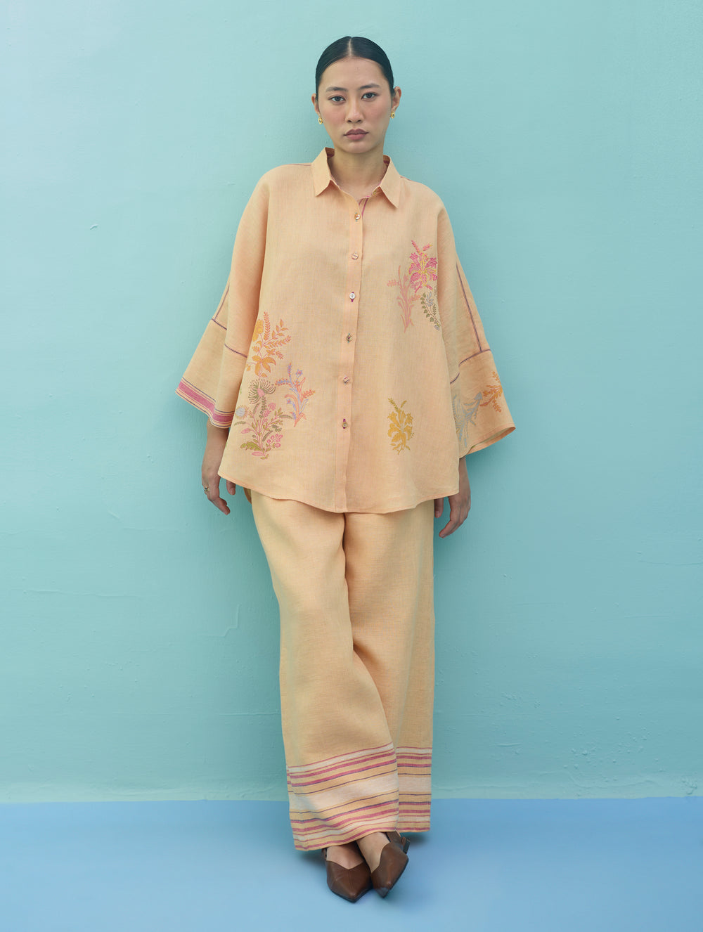 Iva Block Printed Floral Embroidered Shirt - Apricot