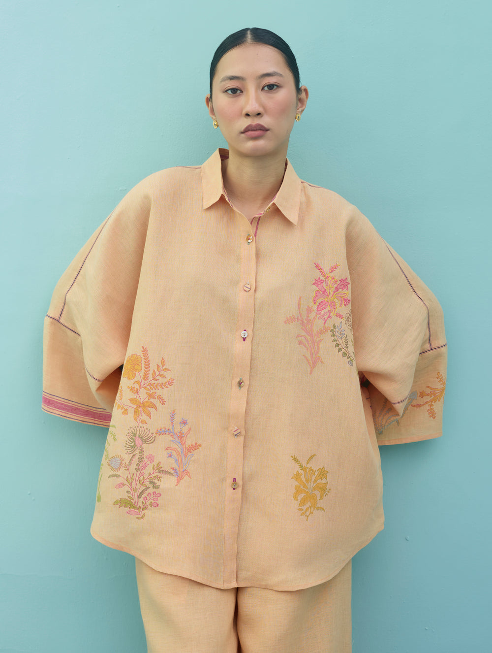 Iva Block Printed Floral Embroidered Shirt - Apricot