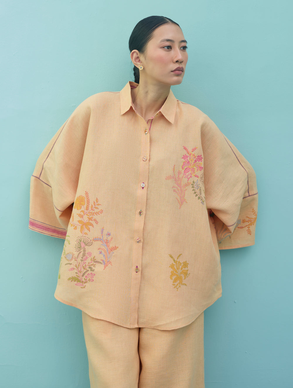 Iva Block Printed Floral Embroidered Shirt - Apricot