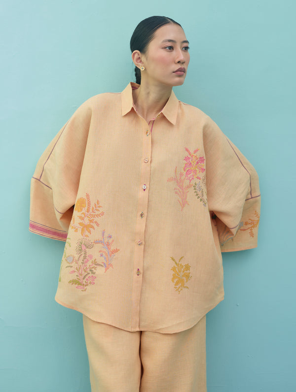 Iva Block Printed Floral Embroidered Shirt - Apricot