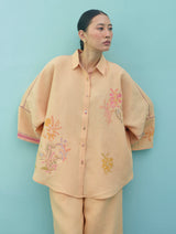 Iva Block Printed Floral Embroidered Shirt - Apricot
