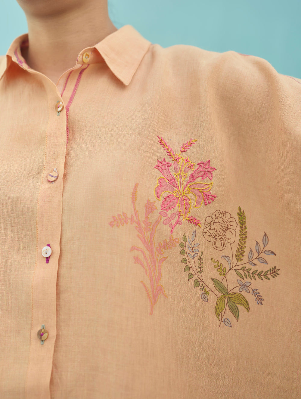 Iva Block Printed Floral Embroidered Shirt - Apricot