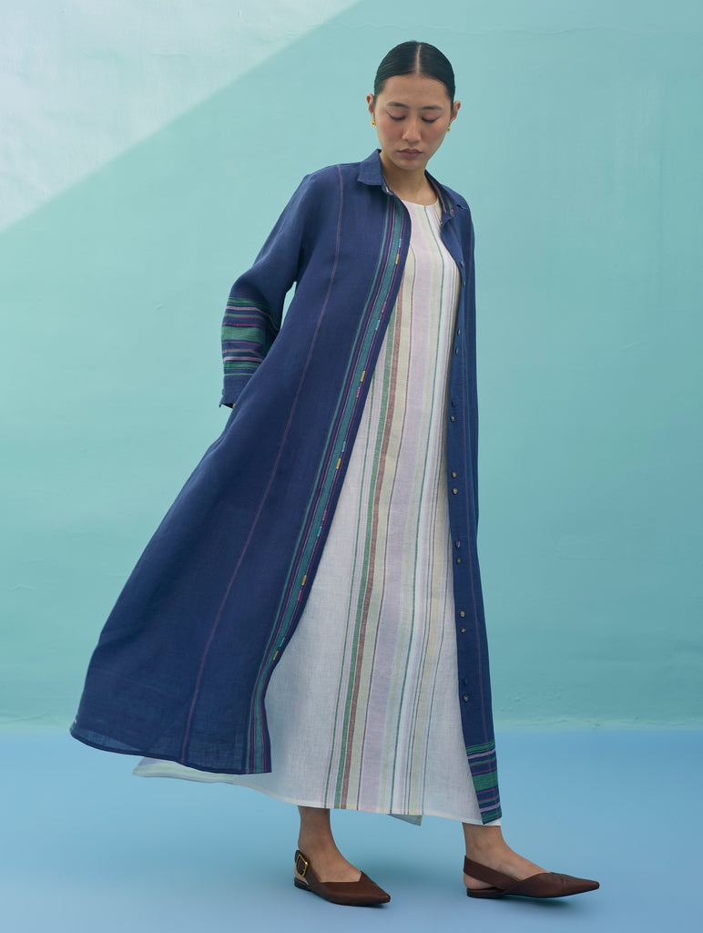 Beli Sleeveless Border Linen Dress with Overlay - Ivory