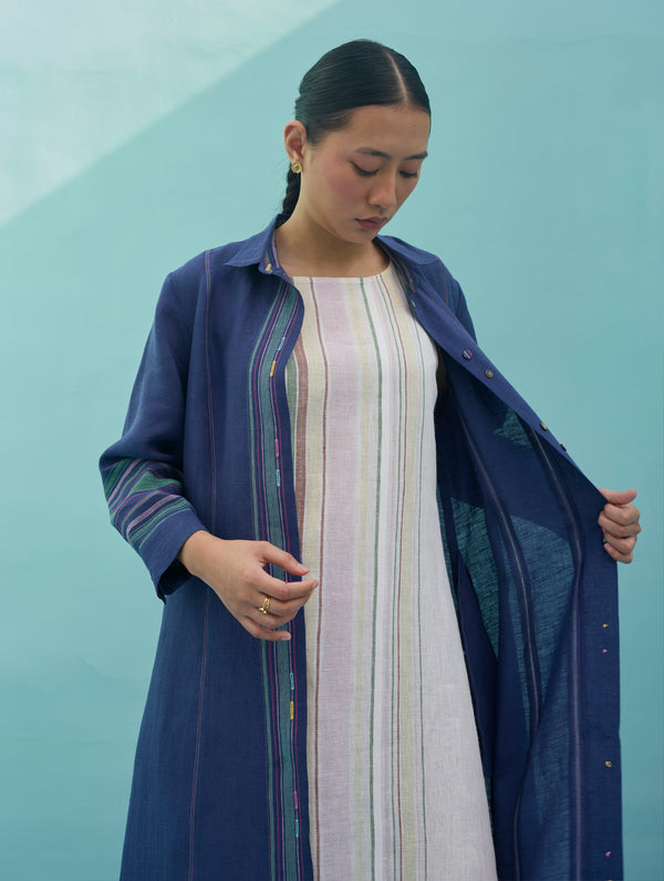 Beli Sleeveless Border Linen Dress with Overlay - Ivory