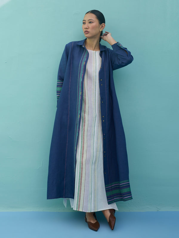 Beli Sleeveless Border Linen Dress with Overlay - Ivory