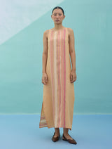 Beli Sleeveless Border Linen Dress with Overlay - Apricot