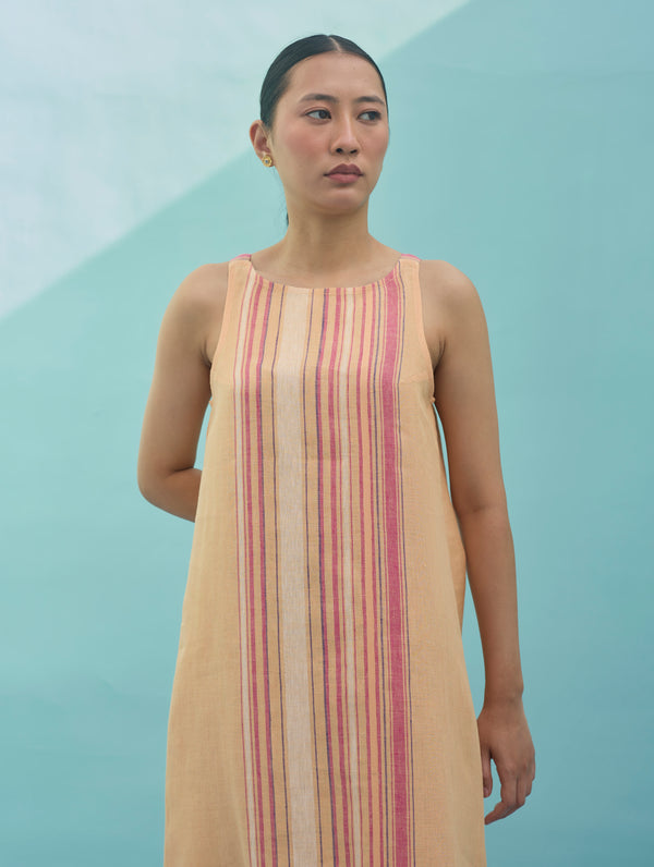 Beli Sleeveless Border Linen Dress with Overlay - Apricot
