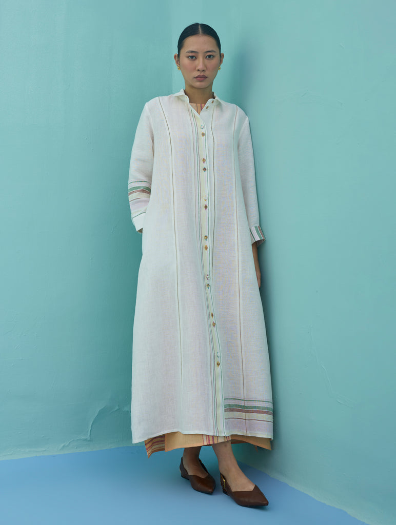 Manara Paneled Border Linen Shirt Dress - Ivory