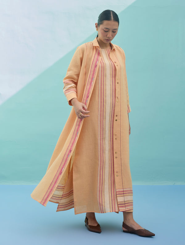 Beli Sleeveless Border Linen Dress with Overlay - Apricot