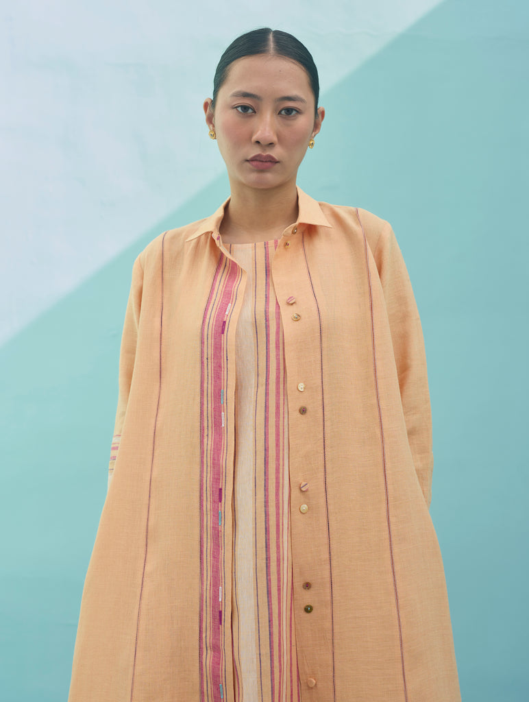Beli Sleeveless Border Linen Dress with Overlay - Apricot