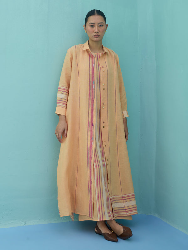 Beli Sleeveless Border Linen Dress with Overlay - Apricot