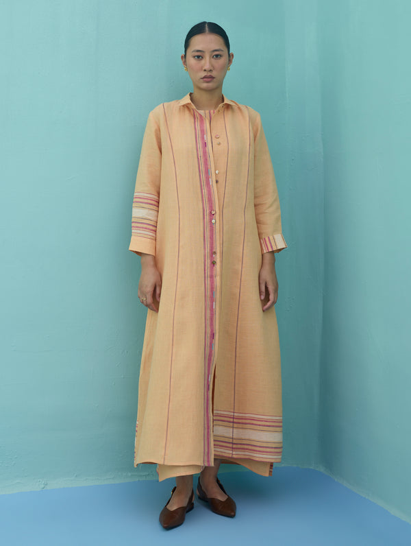Beli Sleeveless Border Linen Dress with Overlay - Apricot