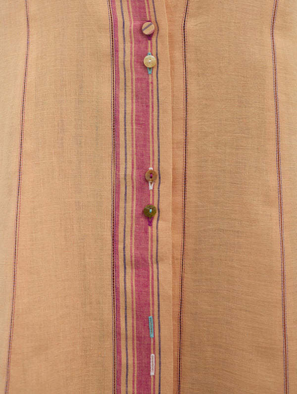 Manara Paneled Border Linen Shirt Dress - Apricot
