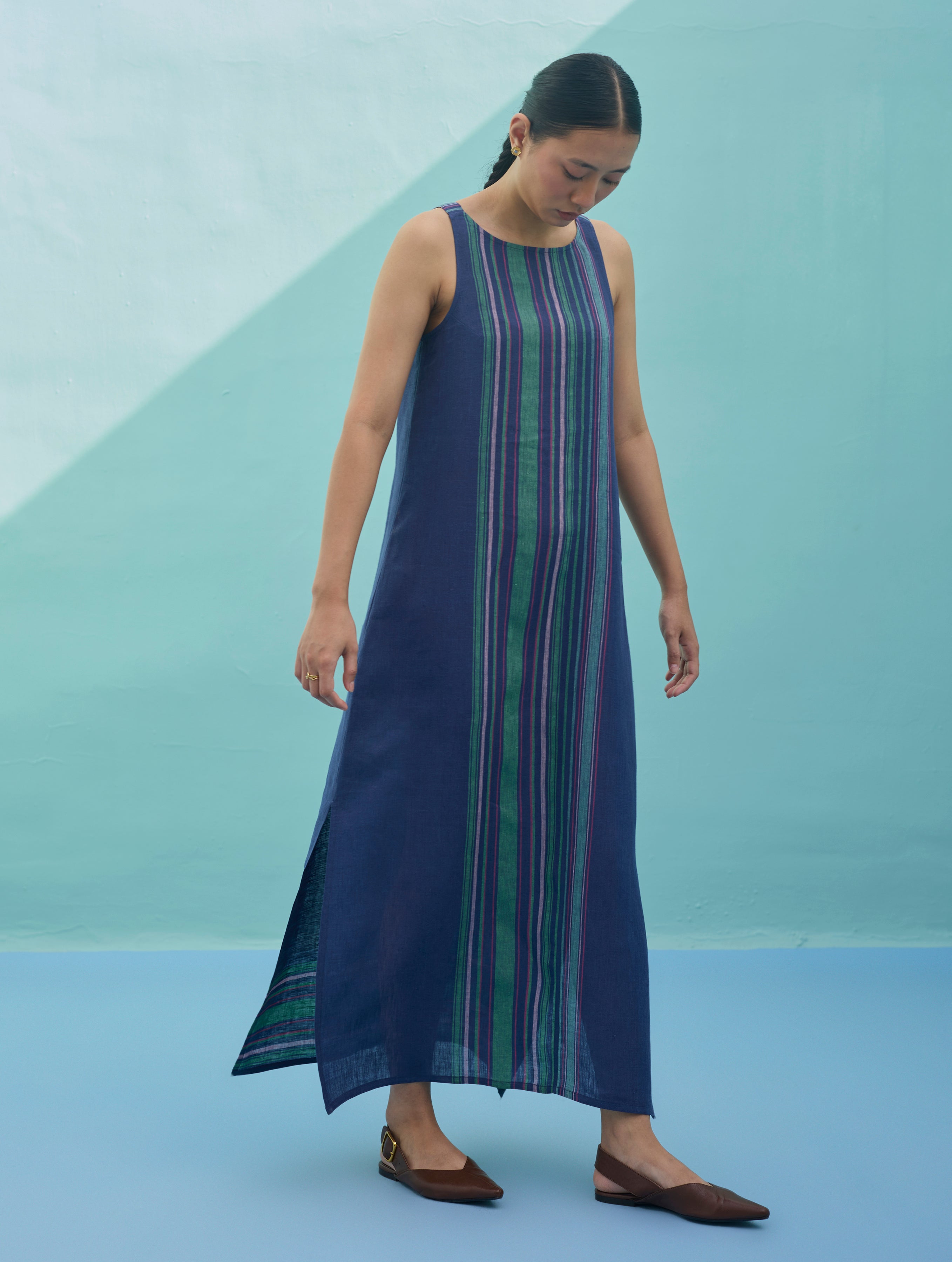 Beli Sleeveless Border Linen Dress - Indigo