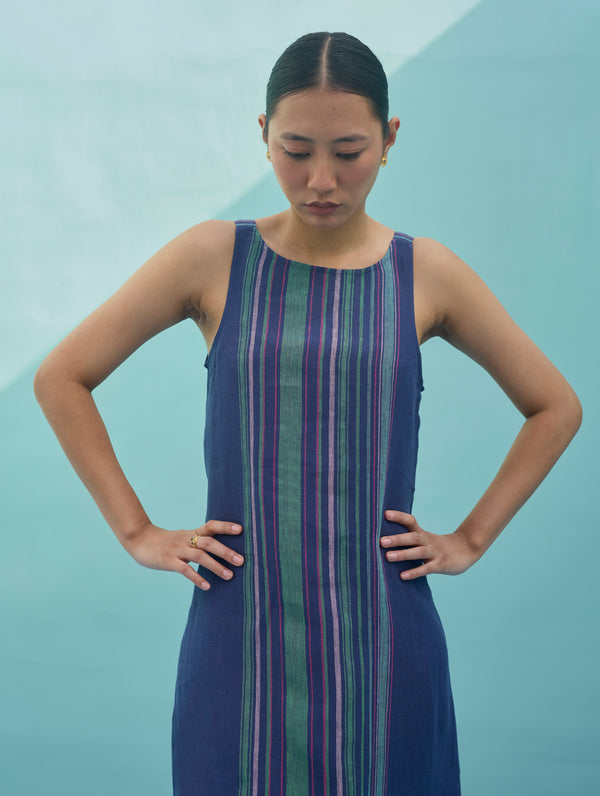 Beli Sleeveless Border Linen Dress - Indigo
