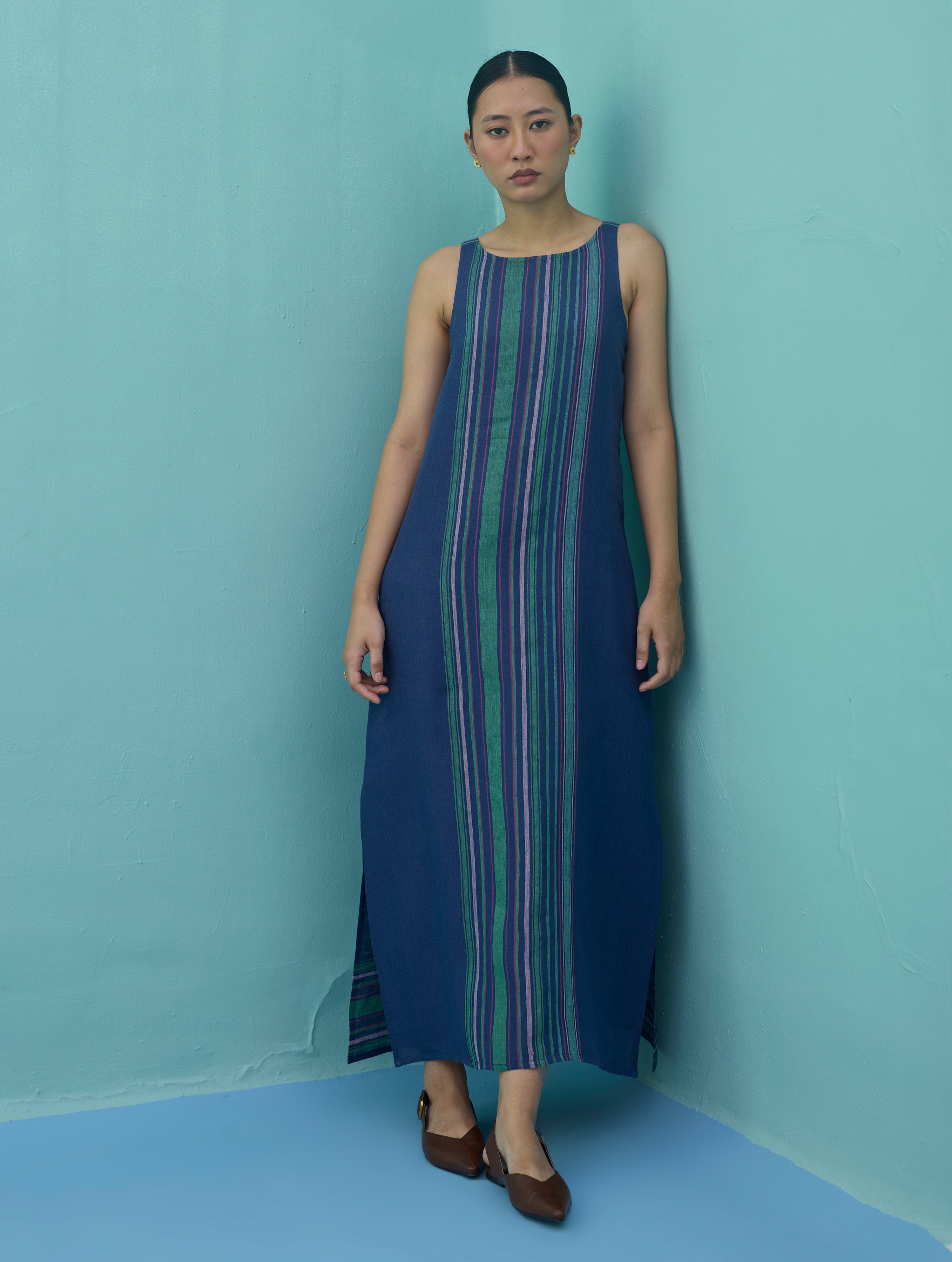 Beli Sleeveless Border Linen Dress - Indigo