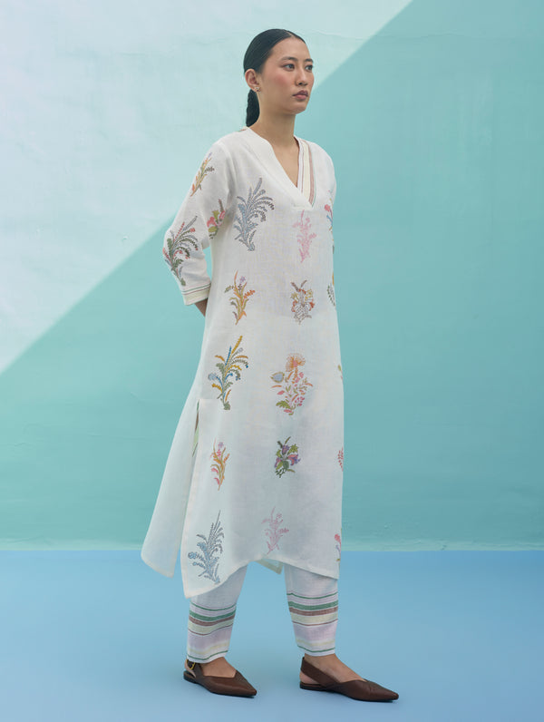 Zura Floral Block-Printed Embroidered Kurta - Ivory