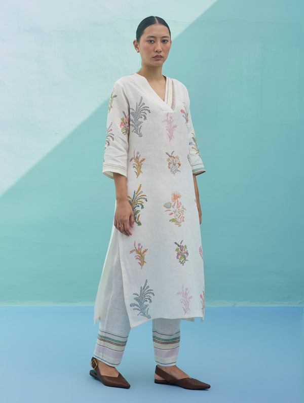 Zura Floral Block-Printed Embroidered Kurta - Ivory