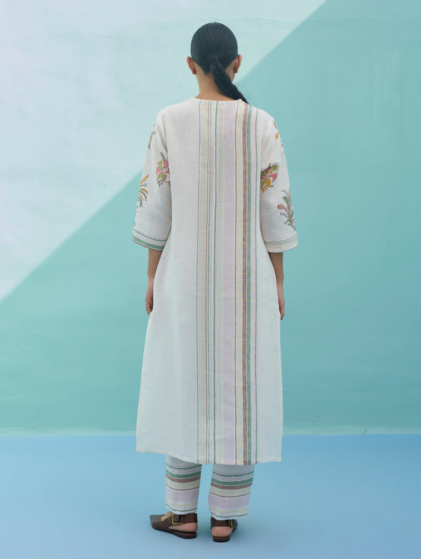 Zura Floral Block-Printed Embroidered Kurta - Ivory