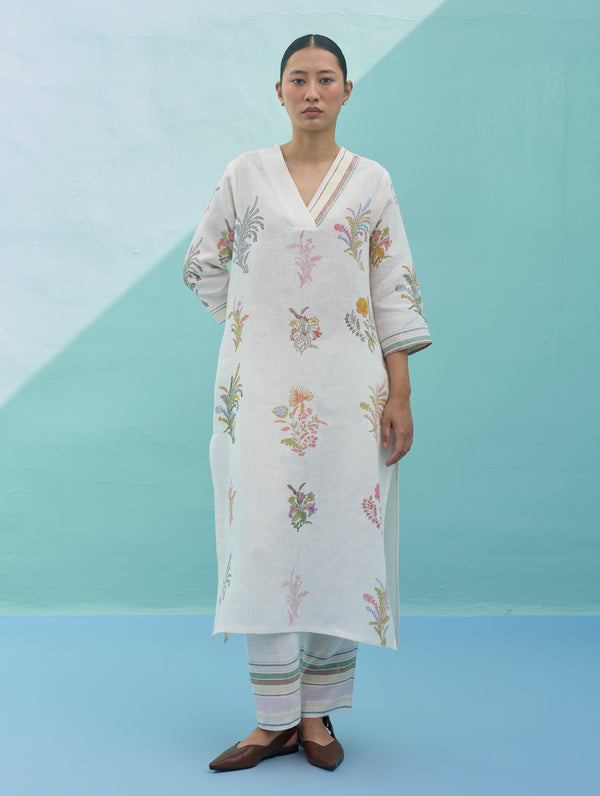 Zura Floral Block-Printed Embroidered Kurta - Ivory
