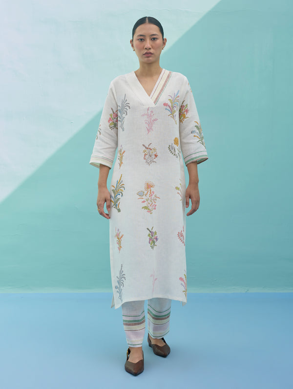 Zura Floral Block-Printed Embroidered Kurta - Ivory