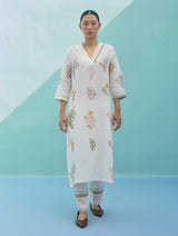 Zura Floral Block-Printed Embroidered Kurta - Ivory