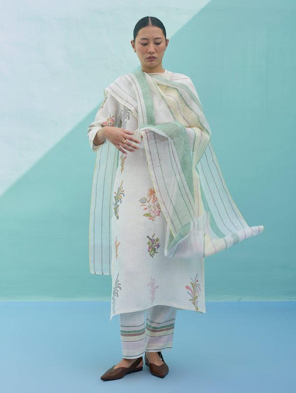 Rava Border Linen Stripe Dupatta - Ivory