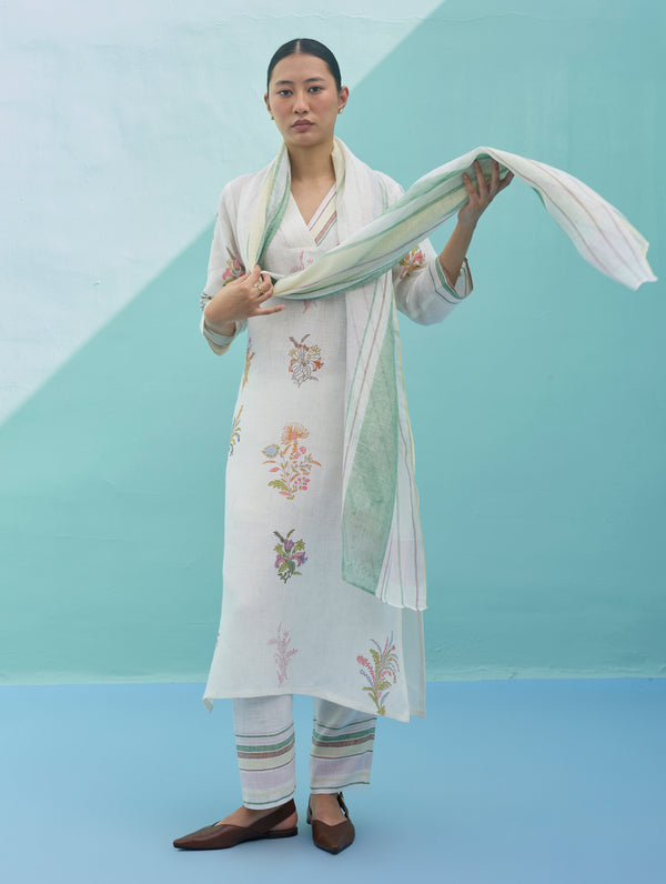 Rava Border Linen Stripe Dupatta - Ivory