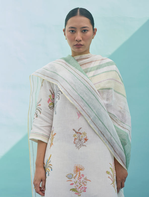 Zura Floral Block-Printed Embroidered Kurta - Ivory
