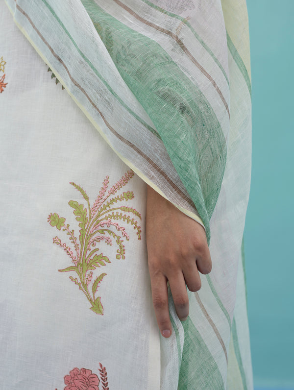 Zura Floral Block-Printed Embroidered Kurta - Ivory