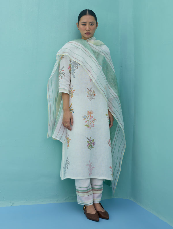 Zura Floral Block-Printed Embroidered Kurta Set - Ivory
