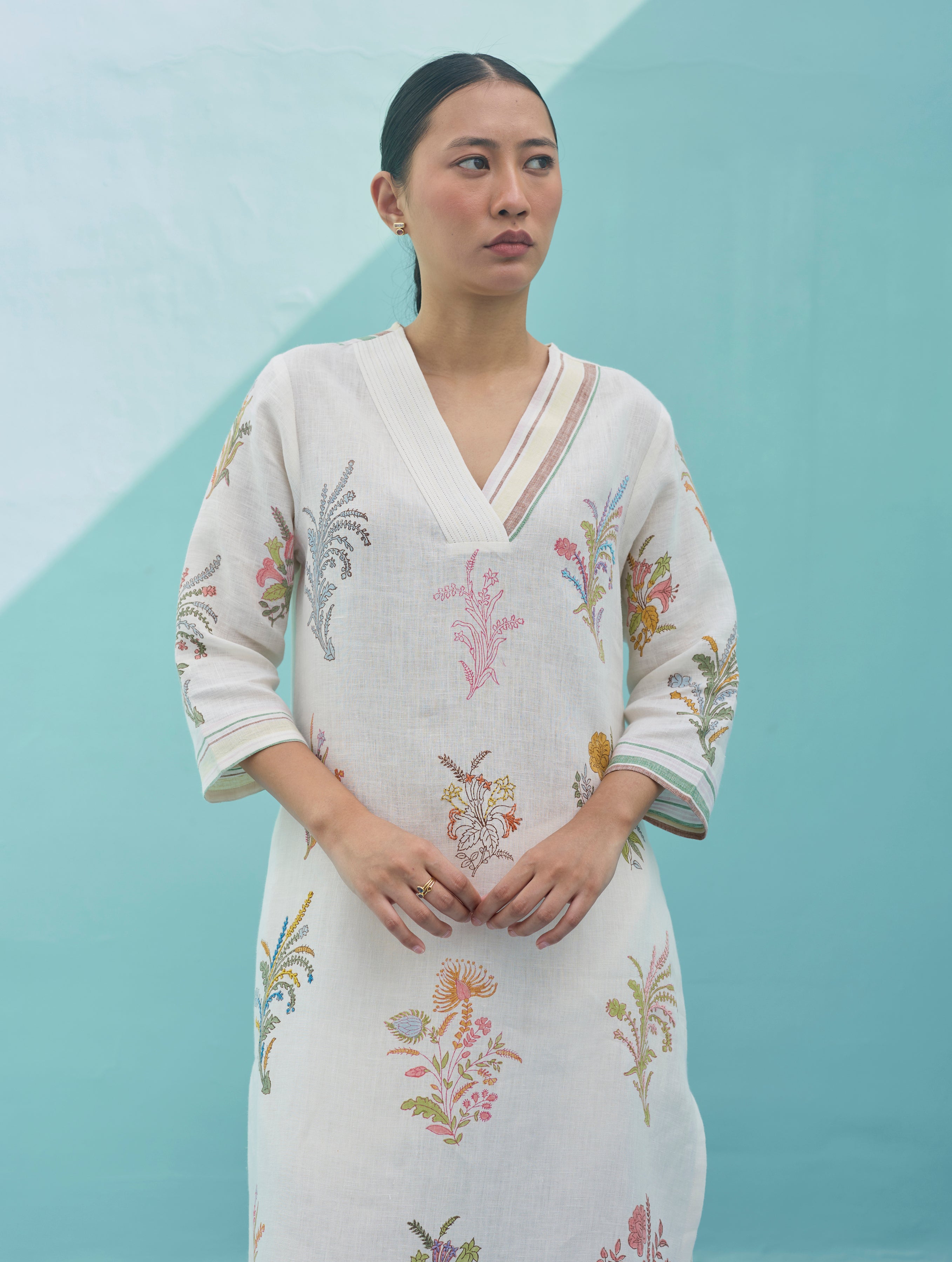 Zura Floral Block-Printed Embroidered Kurta - Ivory