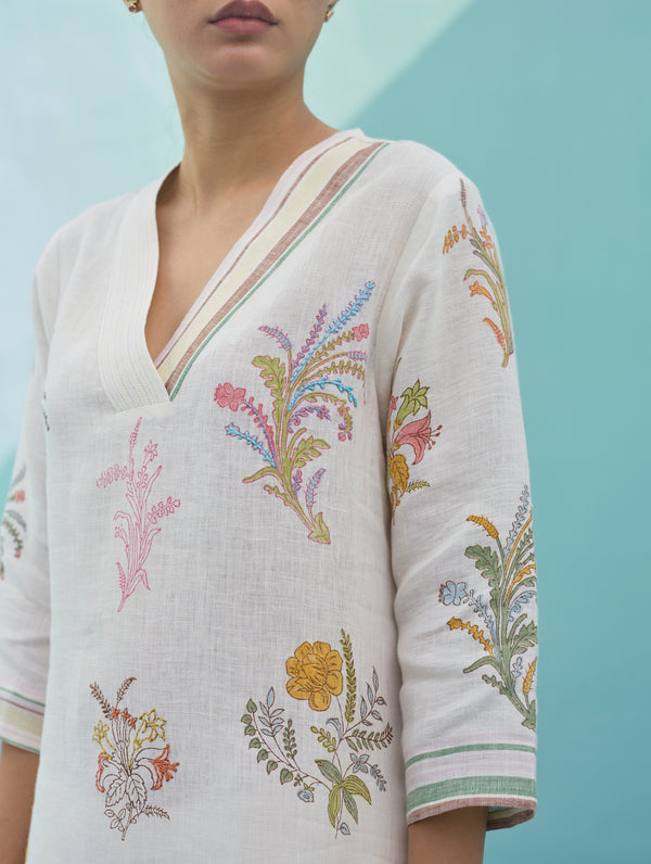 Zura Floral Block-Printed Embroidered Kurta - Ivory