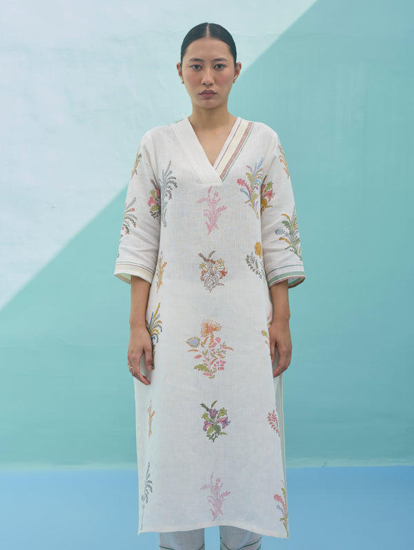 Zura Floral Block-Printed Embroidered Kurta - Ivory
