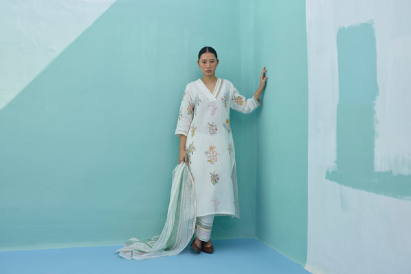 Rava Border Linen Stripe Dupatta - Ivory