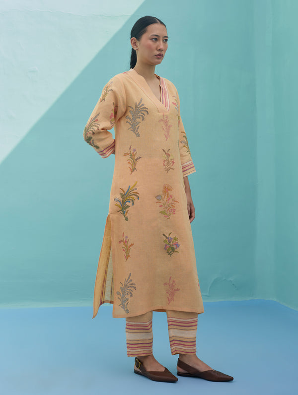 Zura Floral Block Printed Embroidered Kurta - Apricot