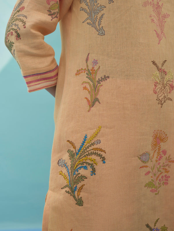 Zura Floral Block Printed Embroidered Kurta - Apricot