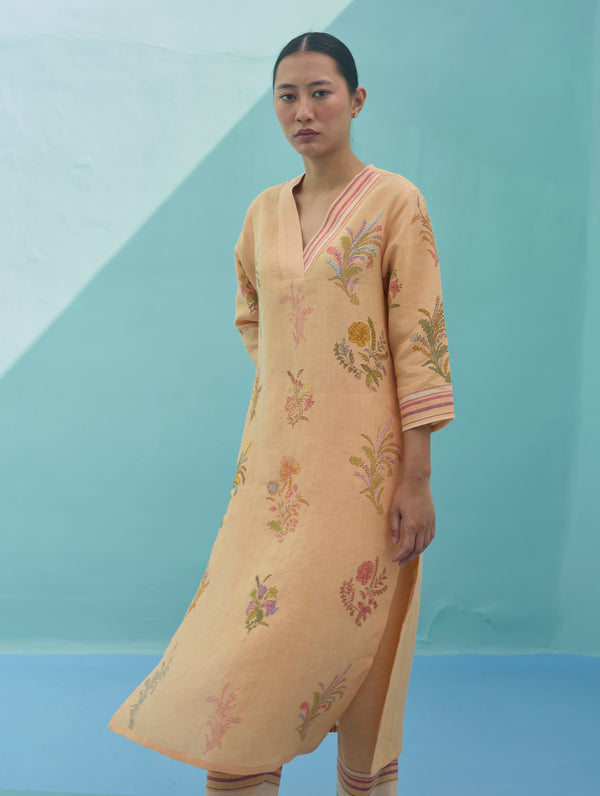 Zura Floral Block Printed Embroidered Kurta - Apricot