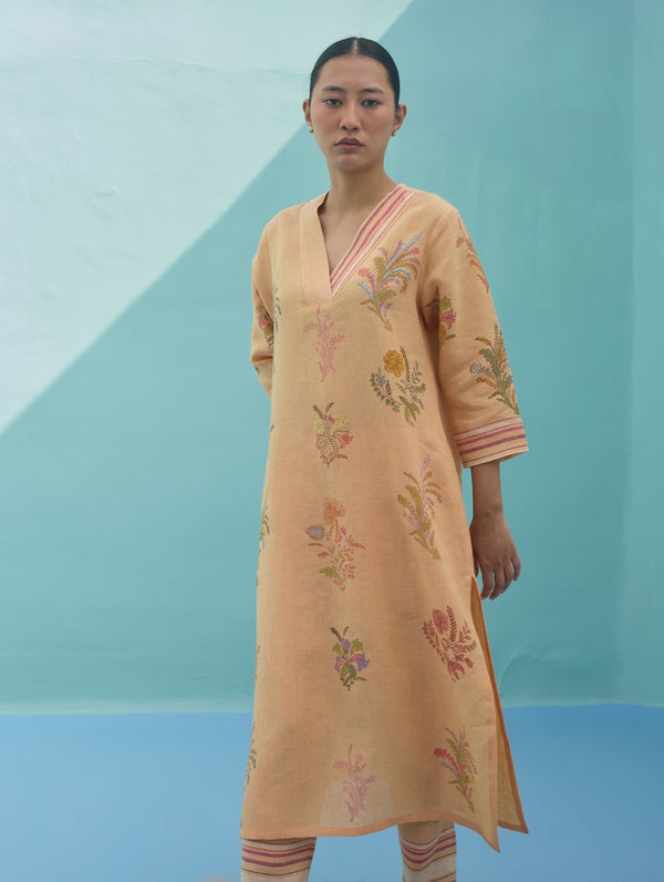 Zura Floral Block Printed Embroidered Kurta - Apricot