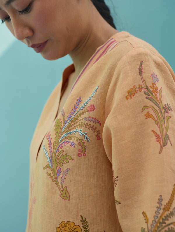 Zura Floral Block Printed Embroidered Kurta - Apricot