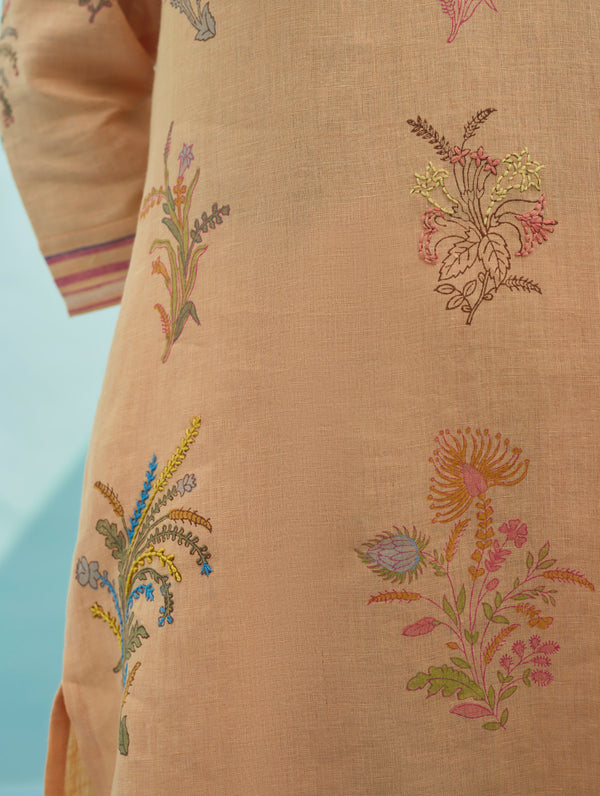Zura Floral Block Printed Embroidered Kurta - Apricot