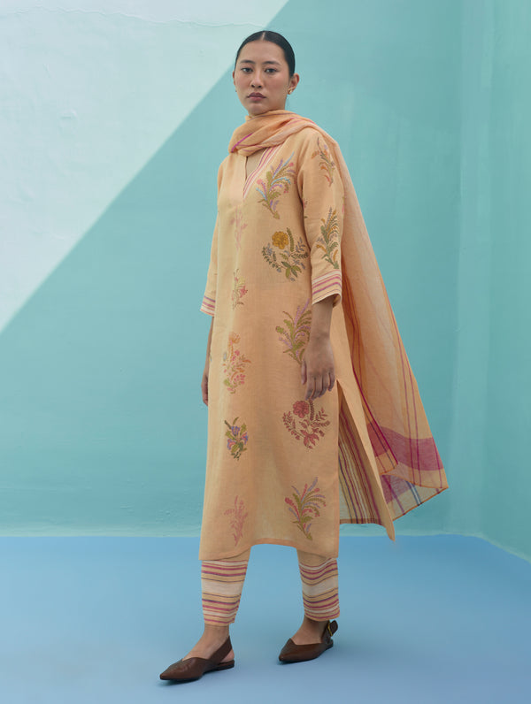 Zura Floral Block Printed Embroidered Kurta Set - Apricot