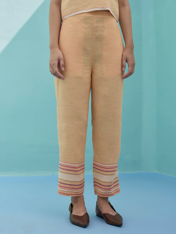 Ines Border Linen Tapered Pants - Apricot