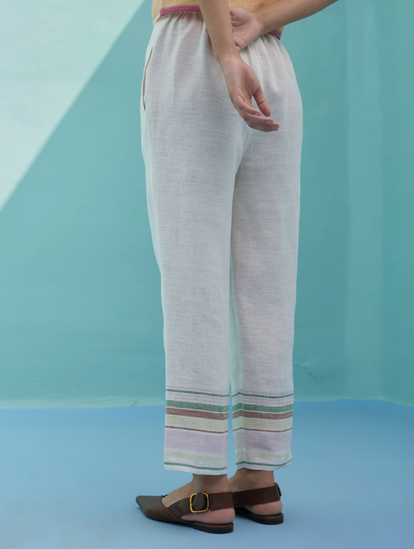 Ines Border Linen Tapered Pants - Ivory