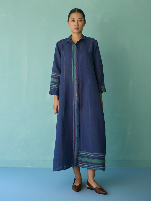 Manara Paneled Border Linen Shirt Dress - Indigo