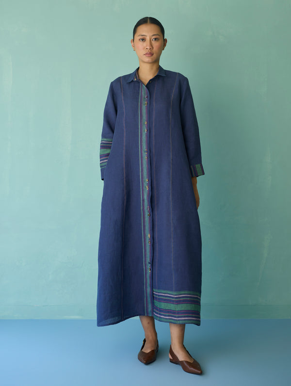 Manara Paneled Border Linen Shirt Dress - Indigo